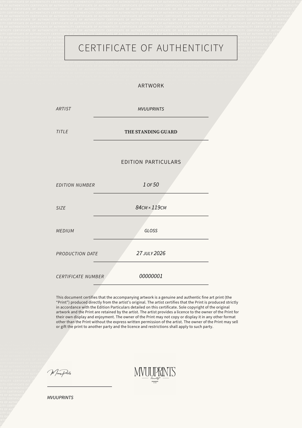 The Standing Guard — Certificate of Authenticity