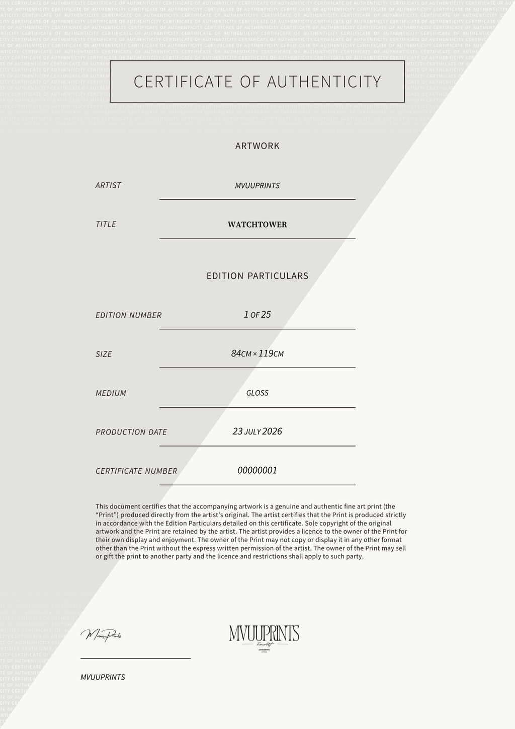 Watchtower — Certificate of Authenticity