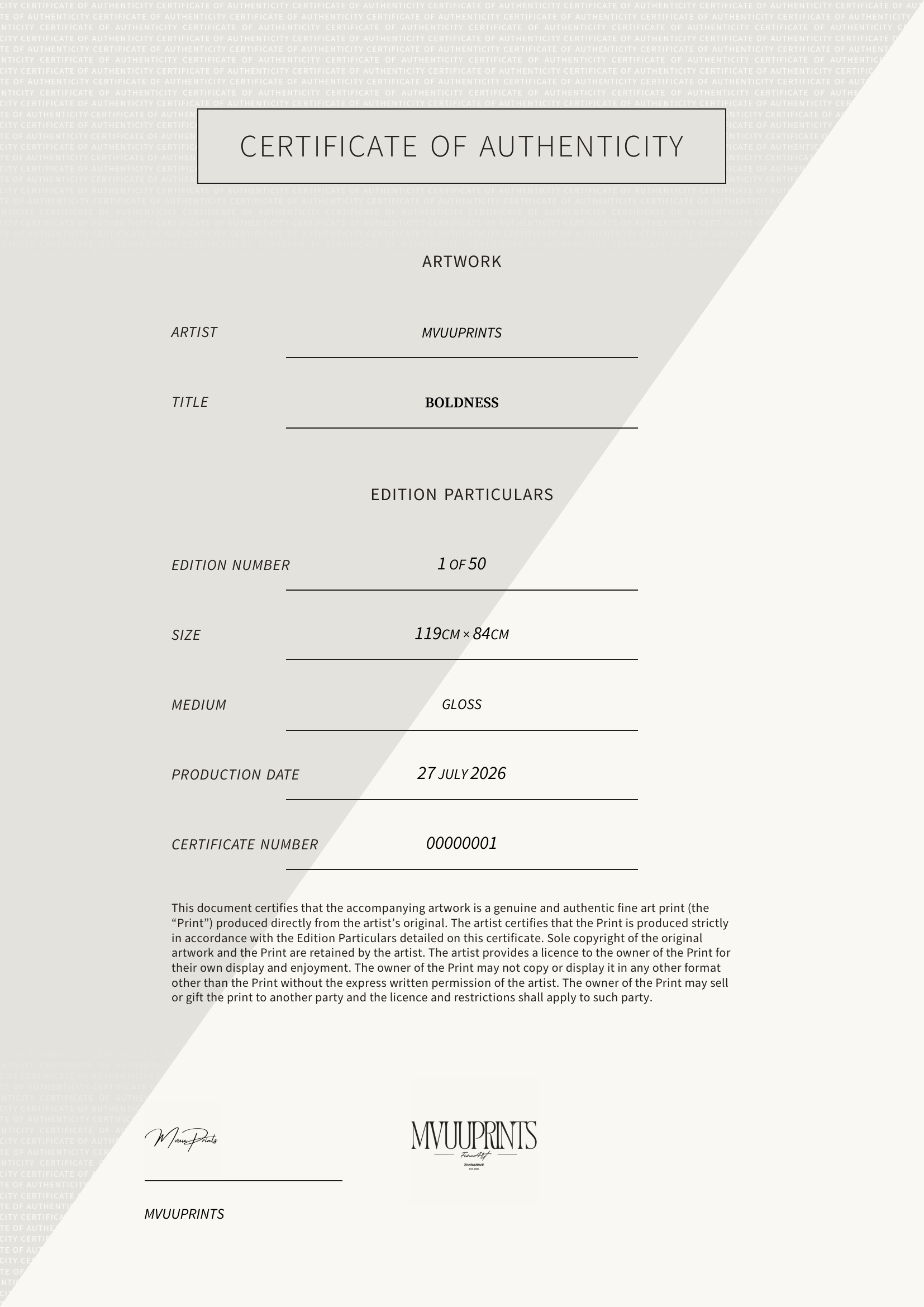 Boldness — Certificate of Authenticity
